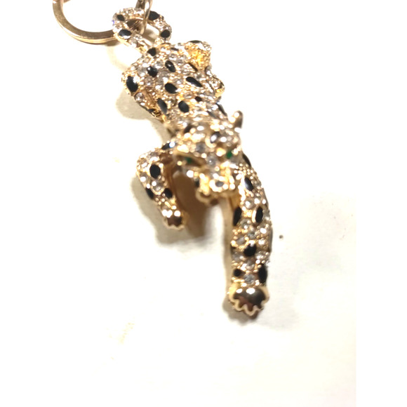 Leopard Rhinestone Keychain Gold Tone Black Green Rhinestone Keychain Purse Clip - Picture 3 of 6